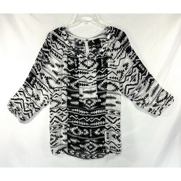 New Directions Aztec Southwestern Top Pleated Sheer Keyhole Black & White Sz L - Picture 1 of 9